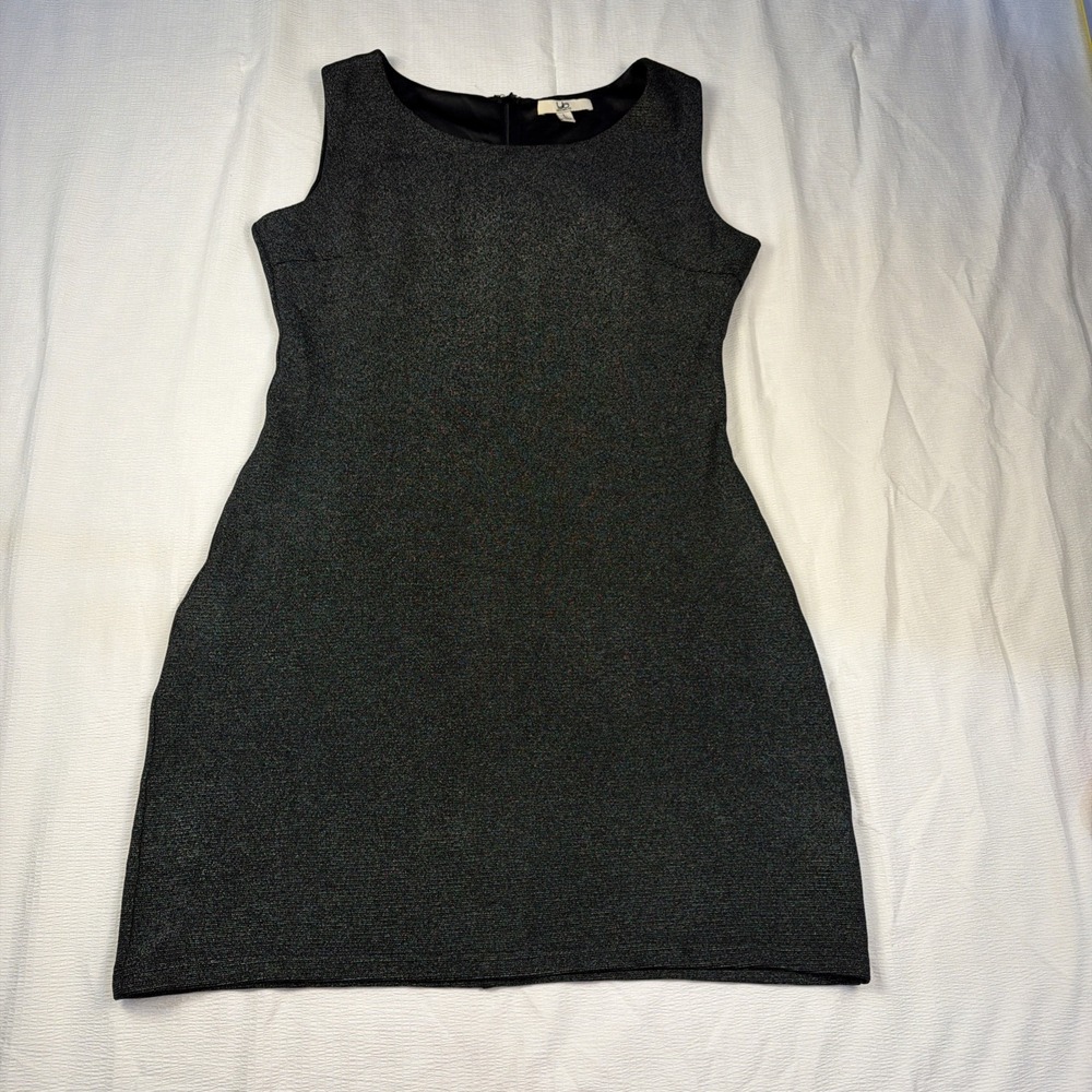 YA Los Angeles Charcoal Metallic Sleeveless Shift Dress L LBD Sparkly NYE Formal